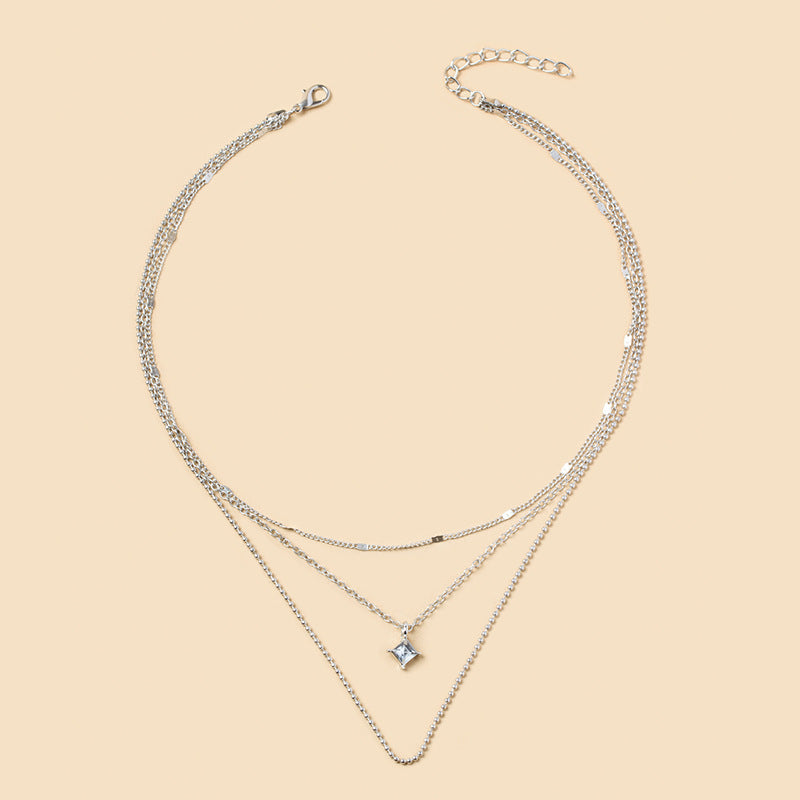 Fashion Simple Multi-layer Metal Chain Square Diamond Girl