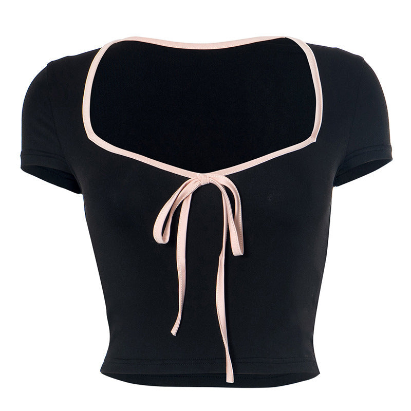 Square Collar Contrast Color Bow Lace-up Crop-top Short Sleeve T-shirt Top