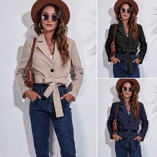 Suit Collar Corduroy Jacket Autumn And Winter Long-sleeved Short Jacket Women With Belt