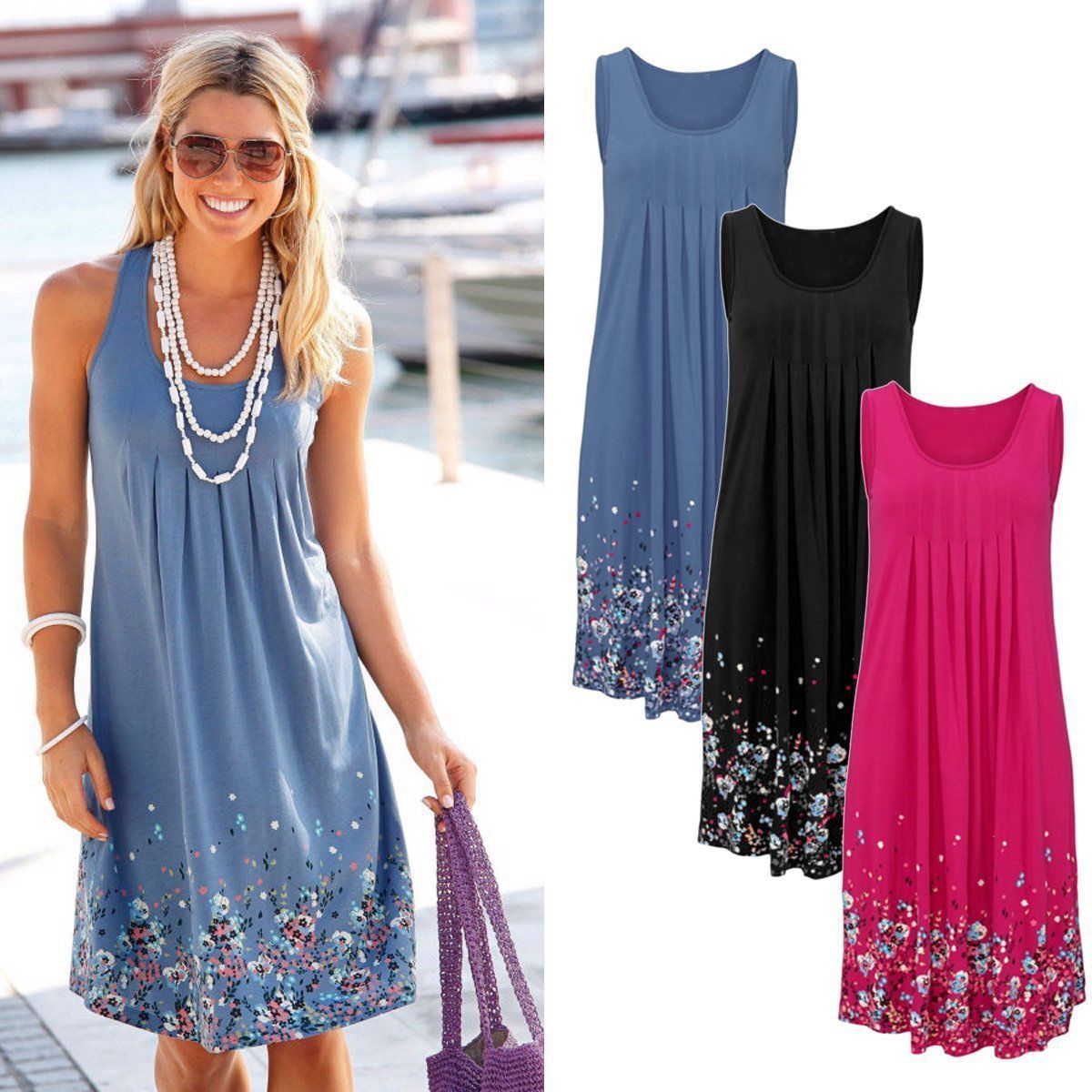 Sleeveless Floral Print Loose Summer Dress Fashion Casual Women Dress