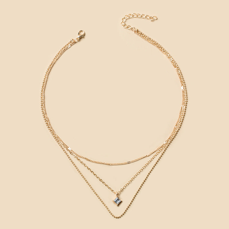 Fashion Simple Multi-layer Metal Chain Square Diamond Girl