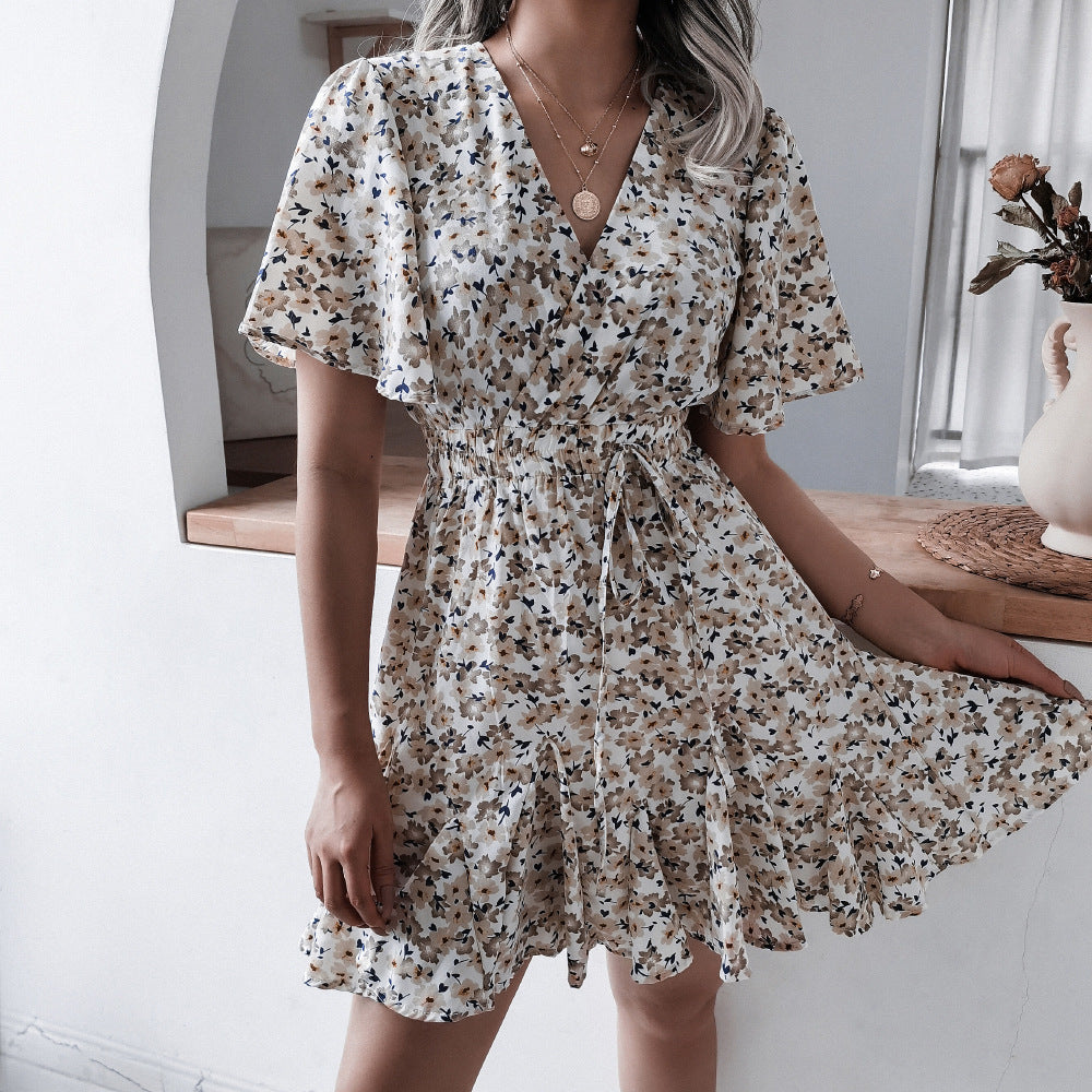 European And American Casual Short-sleeved V-neck Floral Ruffled Pleated Dress