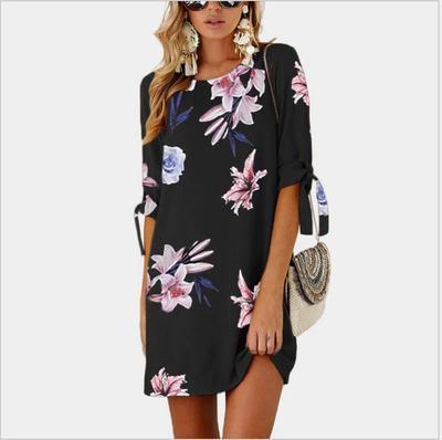 Fashion Print Sleeve Loose Dress Round Collar Chiffon Shirt