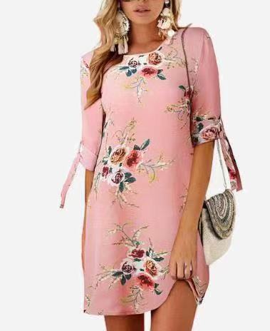 Fashion Print Sleeve Loose Dress Round Collar Chiffon Shirt