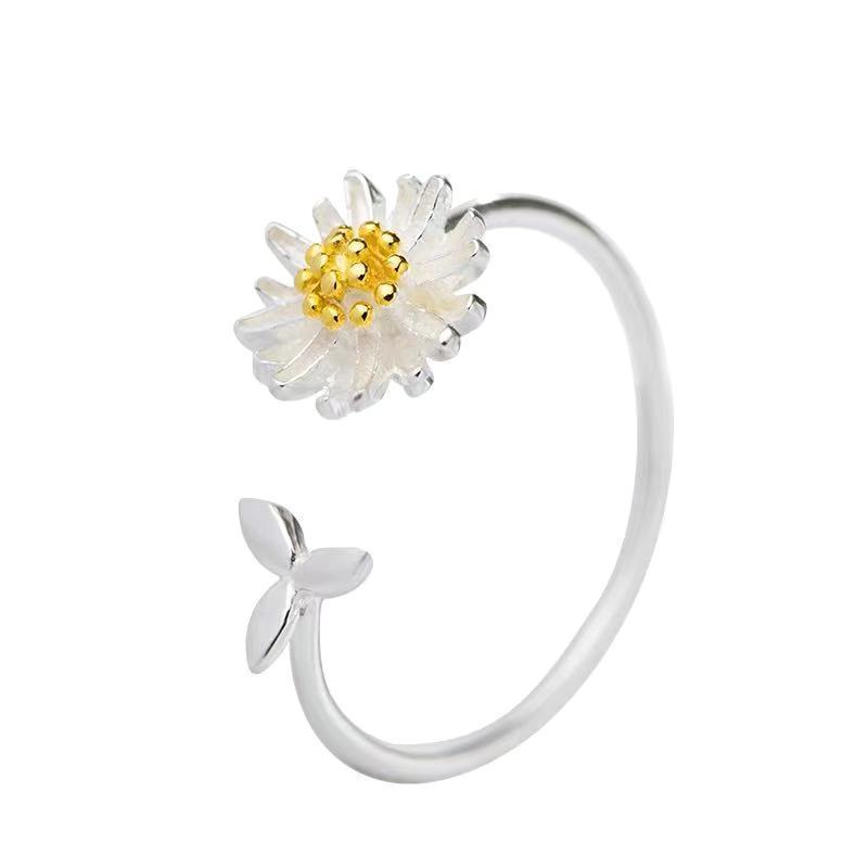 925 Sterling Silver Daisy Flower Rings for Women Adjustable Size Rings Fashion Party Jewelry