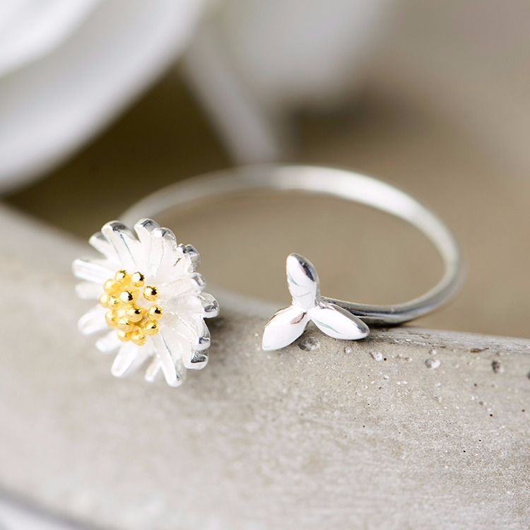 925 Sterling Silver Daisy Flower Rings for Women Adjustable Size Rings Fashion Party Jewelry