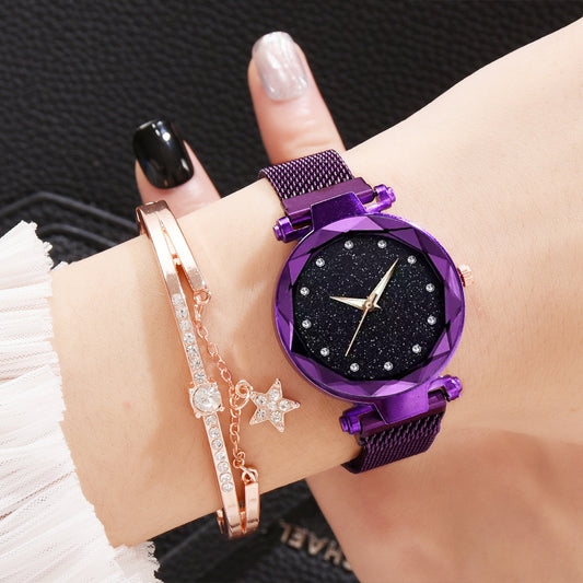 Luxury Women Watches Bracelet Set Fashion Elegant Magnet Buckle Ladies Starry Sky Watch Set