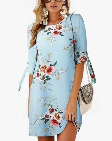 Fashion Print Sleeve Loose Dress Round Collar Chiffon Shirt