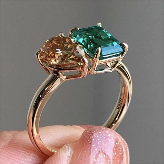 Fashion Creative Double Main Stone Lady Green Yellow Zircon Square Stone Ring Luxury Crystal Engagement Ring Wedding Rings