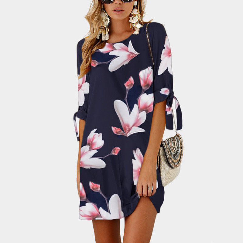 Fashion Print Sleeve Loose Dress Round Collar Chiffon Shirt