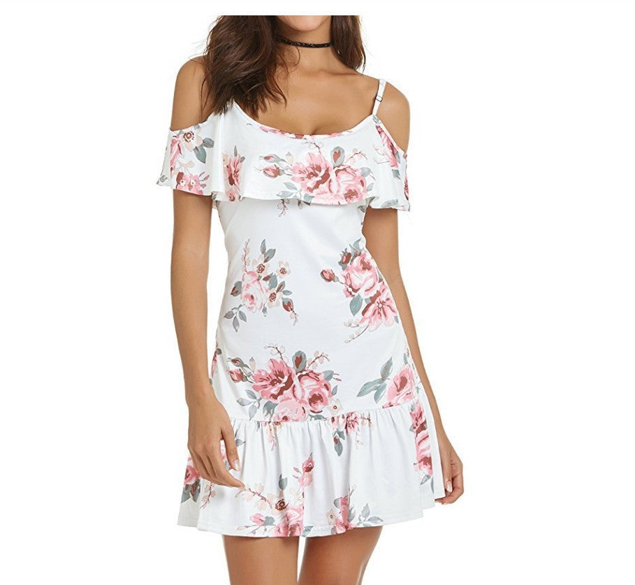 Summer Hot Print Spaghetti-strap Ruffle Pleated Off-shoulder Dress For Women