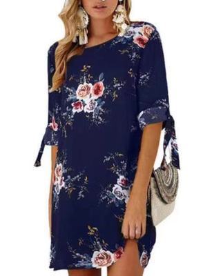 Fashion Print Sleeve Loose Dress Round Collar Chiffon Shirt