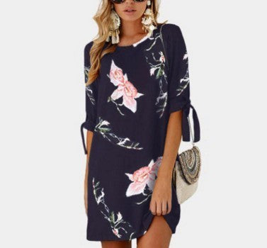 Fashion Print Sleeve Loose Dress Round Collar Chiffon Shirt