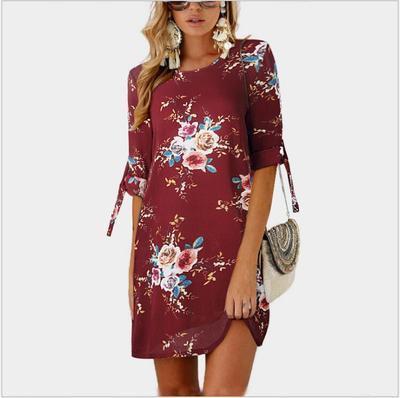 Fashion Print Sleeve Loose Dress Round Collar Chiffon Shirt