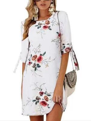 Fashion Print Sleeve Loose Dress Round Collar Chiffon Shirt