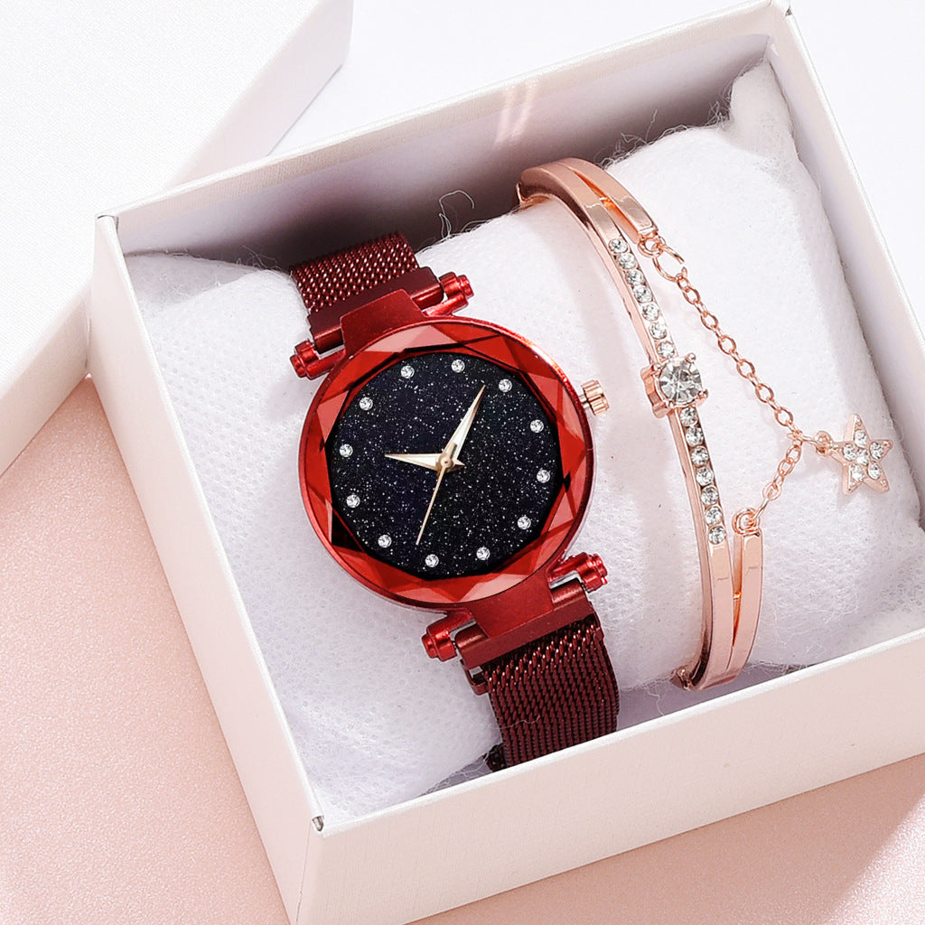 Luxury Women Watches Bracelet Set Fashion Elegant Magnet Buckle Ladies Starry Sky Watch Set