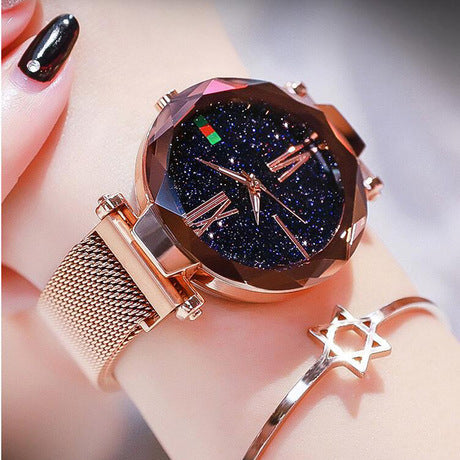 Luxury Ladies Clock Magnet Buckle Starry Diamond Geometric Surface Quartz Wristwatch