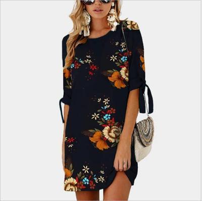 Fashion Print Sleeve Loose Dress Round Collar Chiffon Shirt