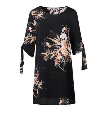 Fashion Print Sleeve Loose Dress Round Collar Chiffon Shirt