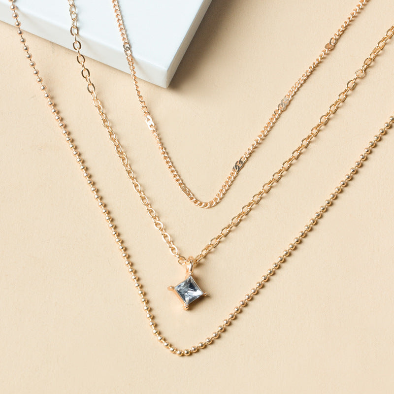 Fashion Simple Multi-layer Metal Chain Square Diamond Girl