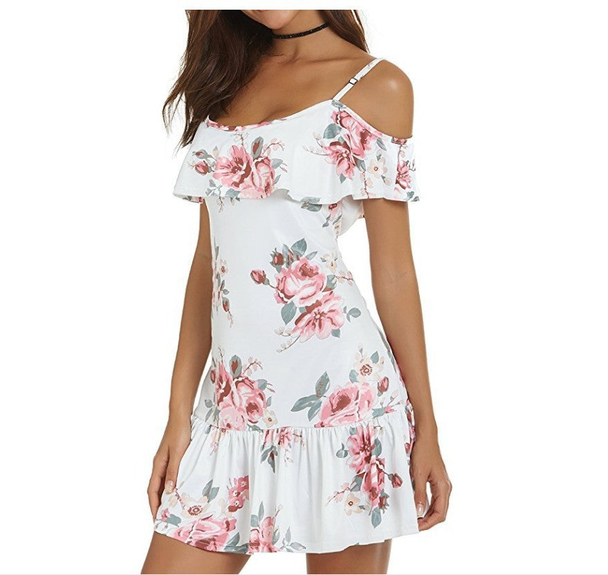 Summer Hot Print Spaghetti-strap Ruffle Pleated Off-shoulder Dress For Women