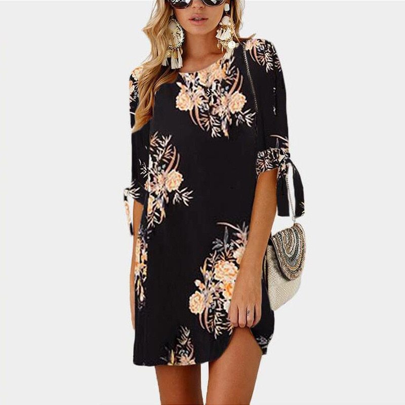 Fashion Print Sleeve Loose Dress Round Collar Chiffon Shirt