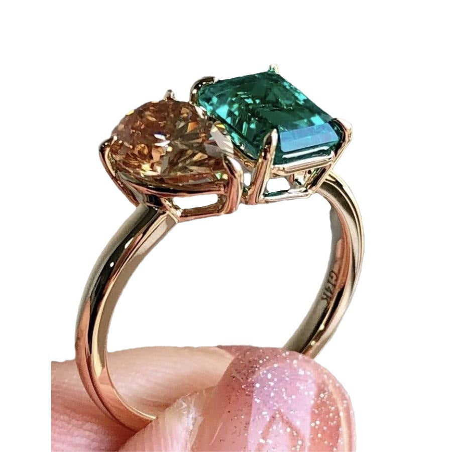 Fashion Creative Double Main Stone Lady Green Yellow Zircon Square Stone Ring Luxury Crystal Engagement Ring Wedding Rings