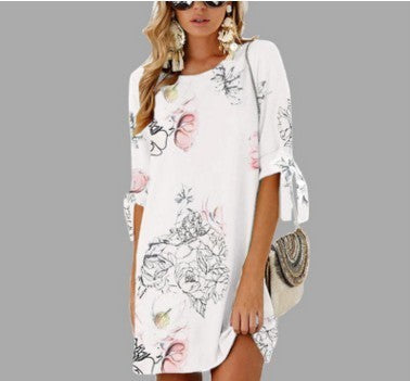 Fashion Print Sleeve Loose Dress Round Collar Chiffon Shirt