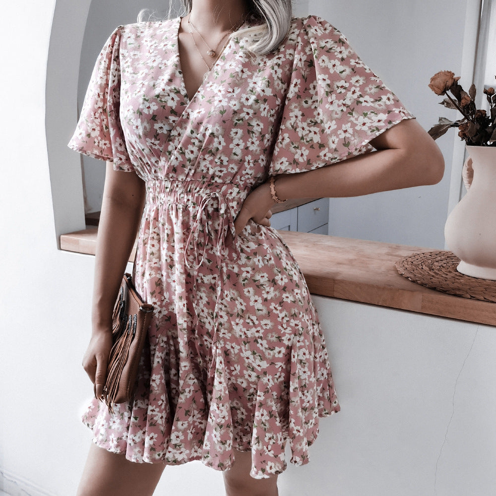 European And American Casual Short-sleeved V-neck Floral Ruffled Pleated Dress