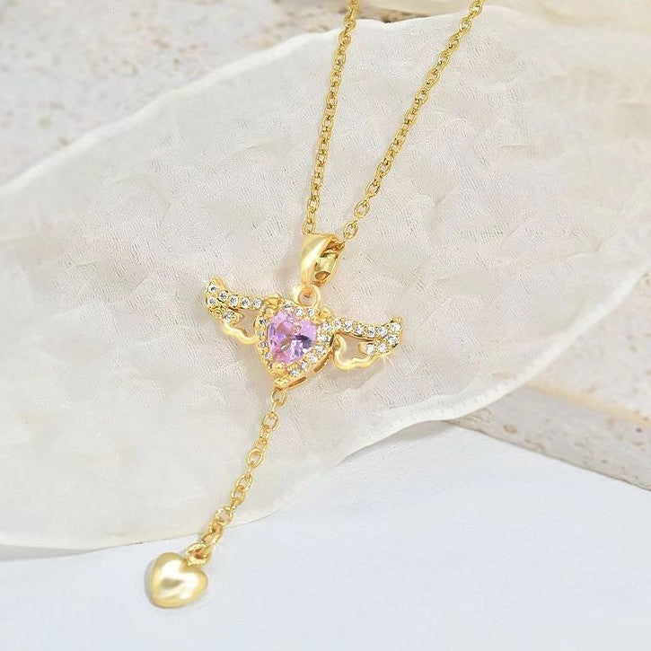 Moving Cupid Heart Angel Wings Tassel Necklace With Crystal Clavicle Chain Women