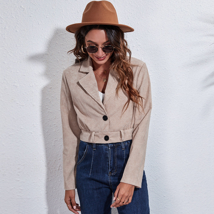 Suit Collar Corduroy Jacket Autumn And Winter Long-sleeved Short Jacket Women With Belt