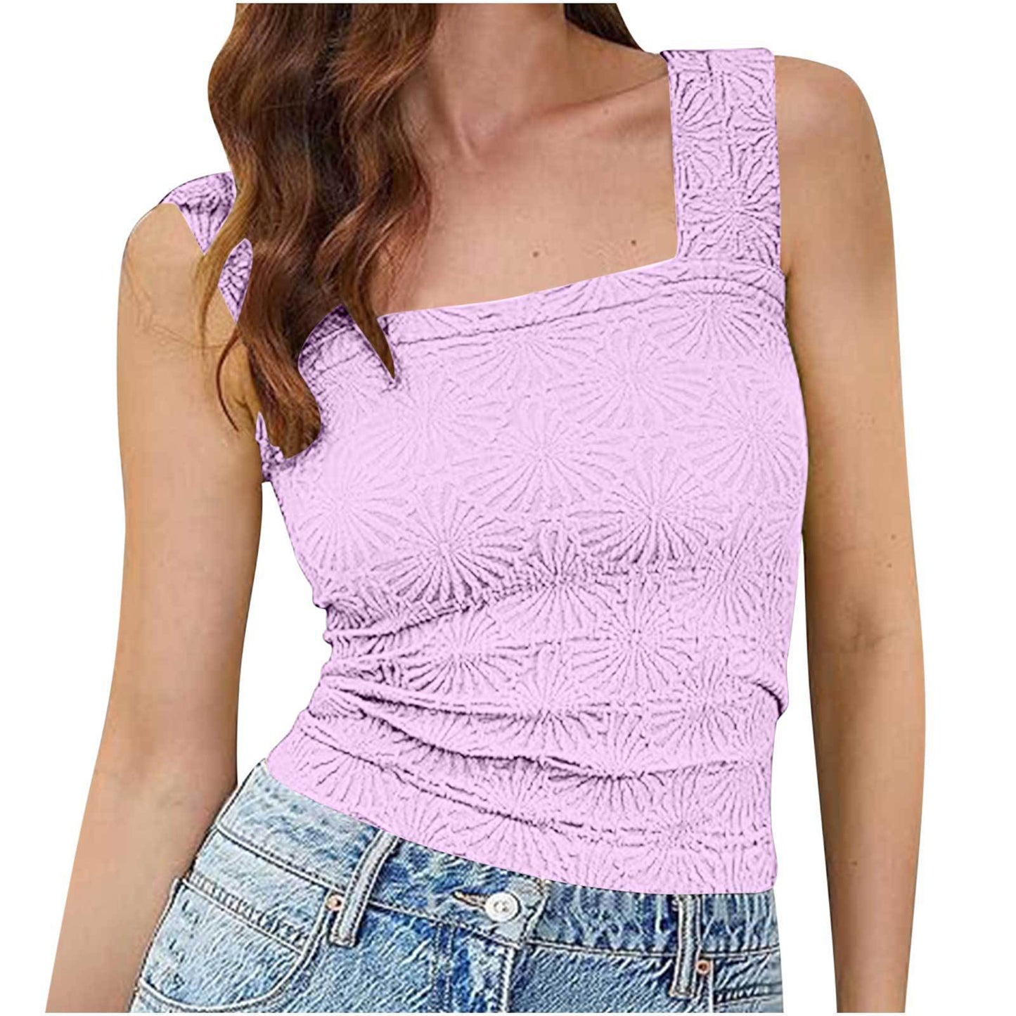 Women's High Elastic Tight Jacquard Square Collar Sleeveless Vest Top