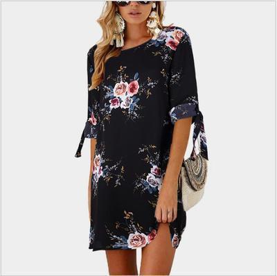 Fashion Print Sleeve Loose Dress Round Collar Chiffon Shirt