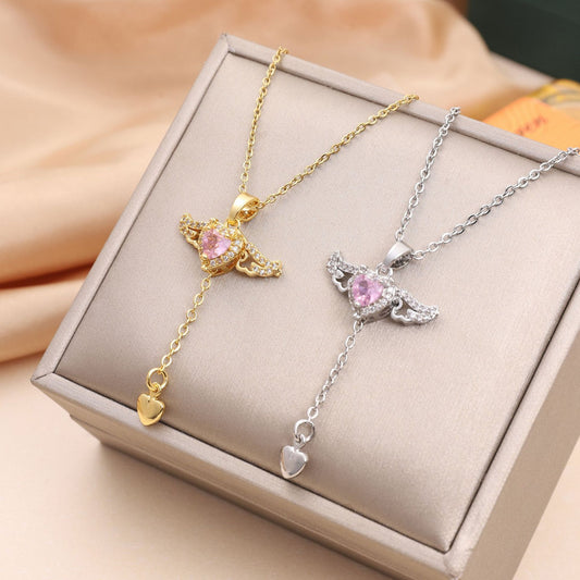 Moving Cupid Heart Angel Wings Tassel Necklace With Crystal Clavicle Chain Women