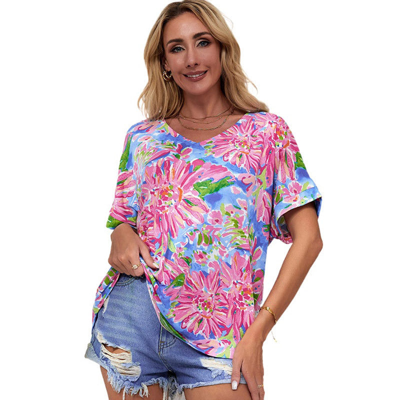 Shiying Printed Drop-shoulder Sleeve Top For Women Summer Fashion T-shirt For Women