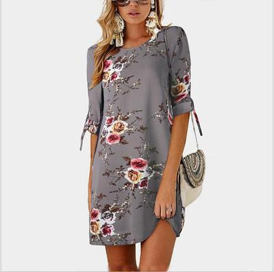 Fashion Print Sleeve Loose Dress Round Collar Chiffon Shirt