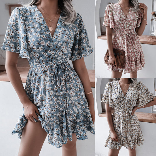 European And American Casual Short-sleeved V-neck Floral Ruffled Pleated Dress