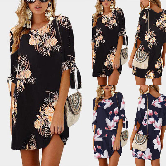 Fashion Print Sleeve Loose Dress Round Collar Chiffon Shirt