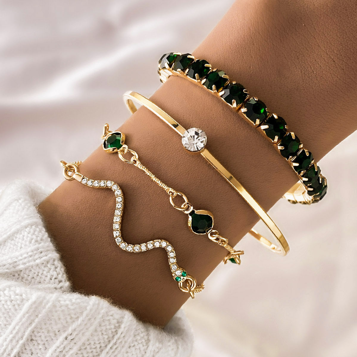 Fashion Green Grandmother Diamond Stretch Bracelet Women's 4-piece Set