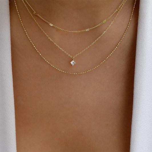 Fashion Simple Multi-layer Metal Chain Square Diamond Girl