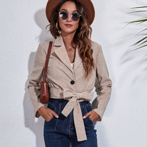 Suit Collar Corduroy Jacket Autumn And Winter Long-sleeved Short Jacket Women With Belt