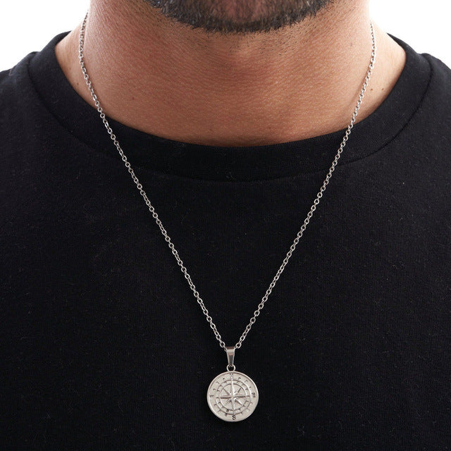 Men's Layered Nautical Travel Compass Pendant Necklace