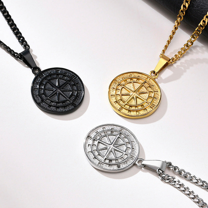 Men's Layered Nautical Travel Compass Pendant Necklace