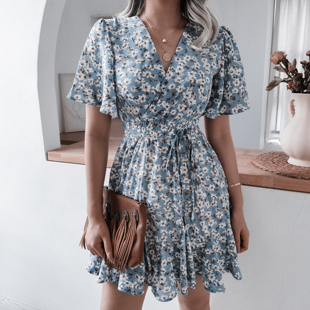 European And American Casual Short-sleeved V-neck Floral Ruffled Pleated Dress