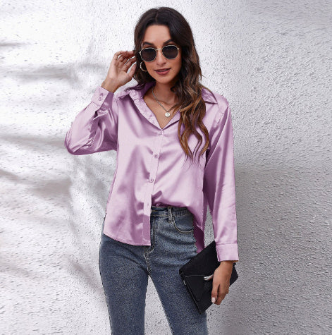 Satin Women's Satin Faux Silk Long-sleeved Shirt