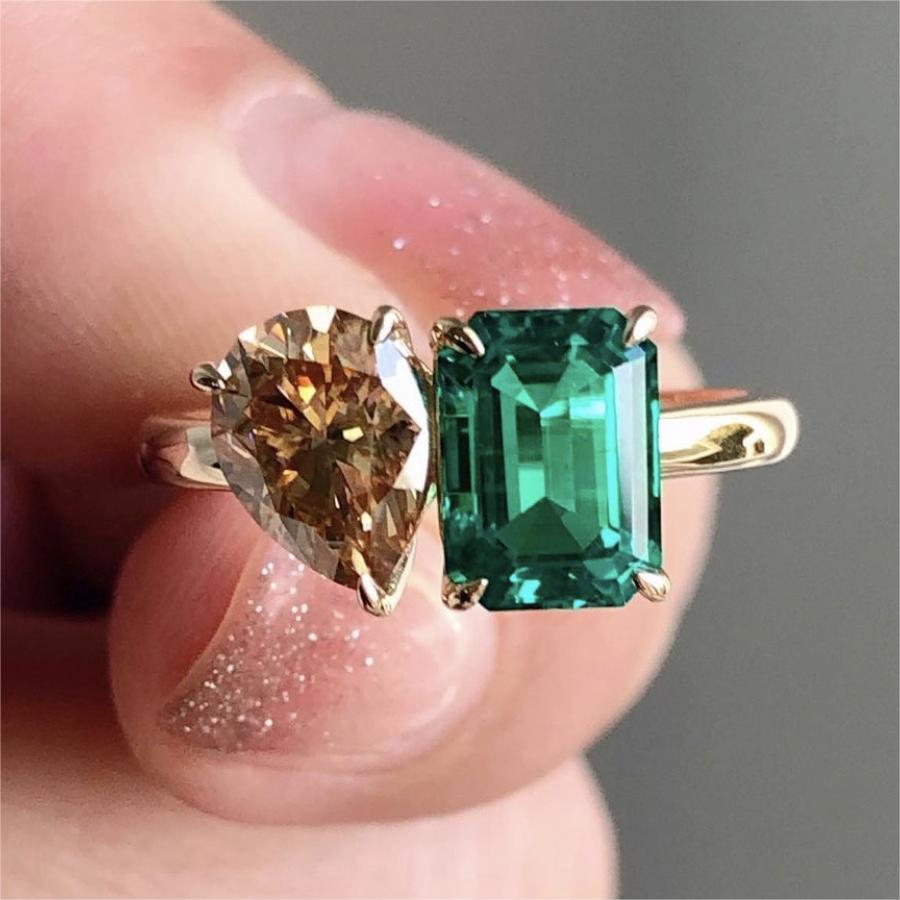 Fashion Creative Double Main Stone Lady Green Yellow Zircon Square Stone Ring Luxury Crystal Engagement Ring Wedding Rings