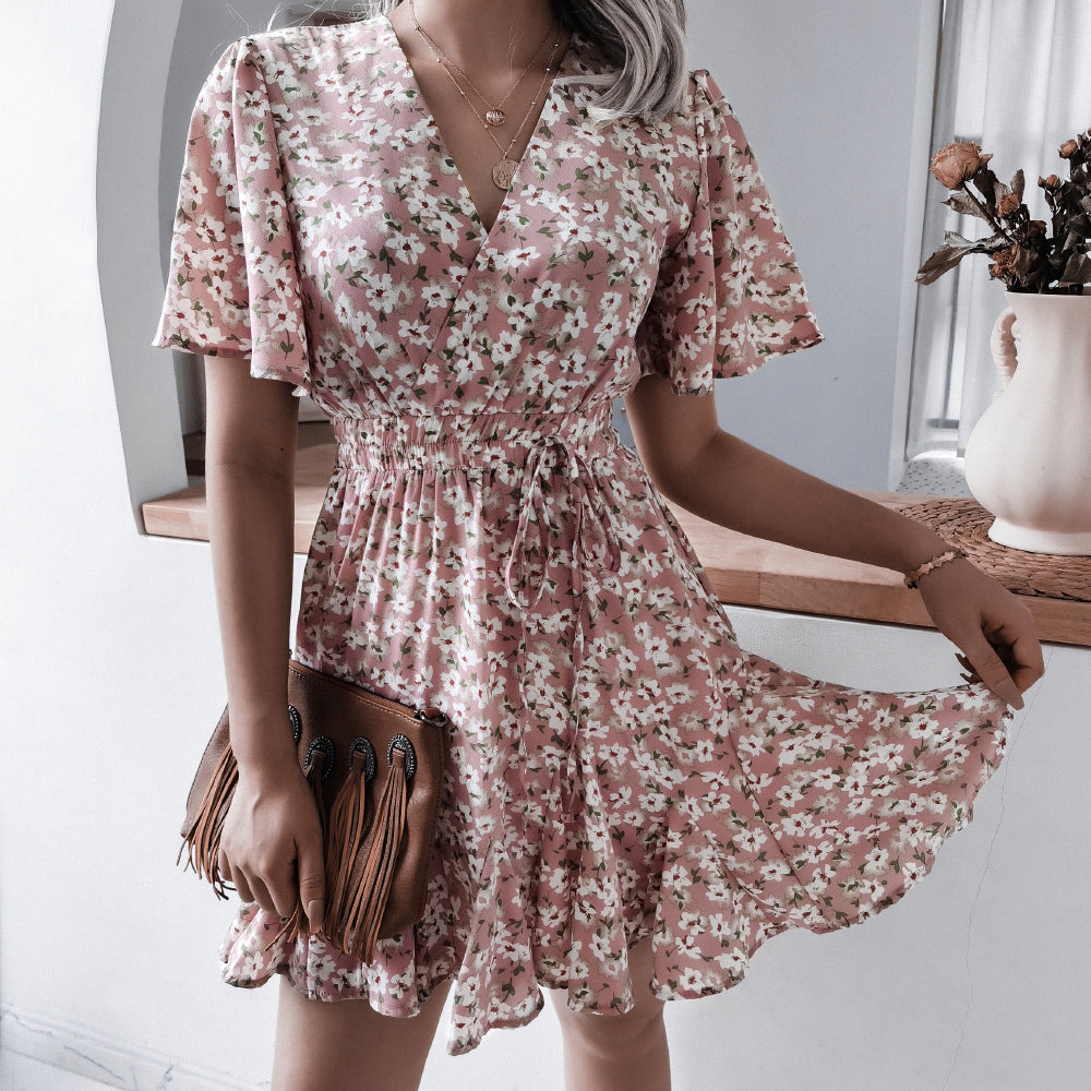 European And American Casual Short-sleeved V-neck Floral Ruffled Pleated Dress