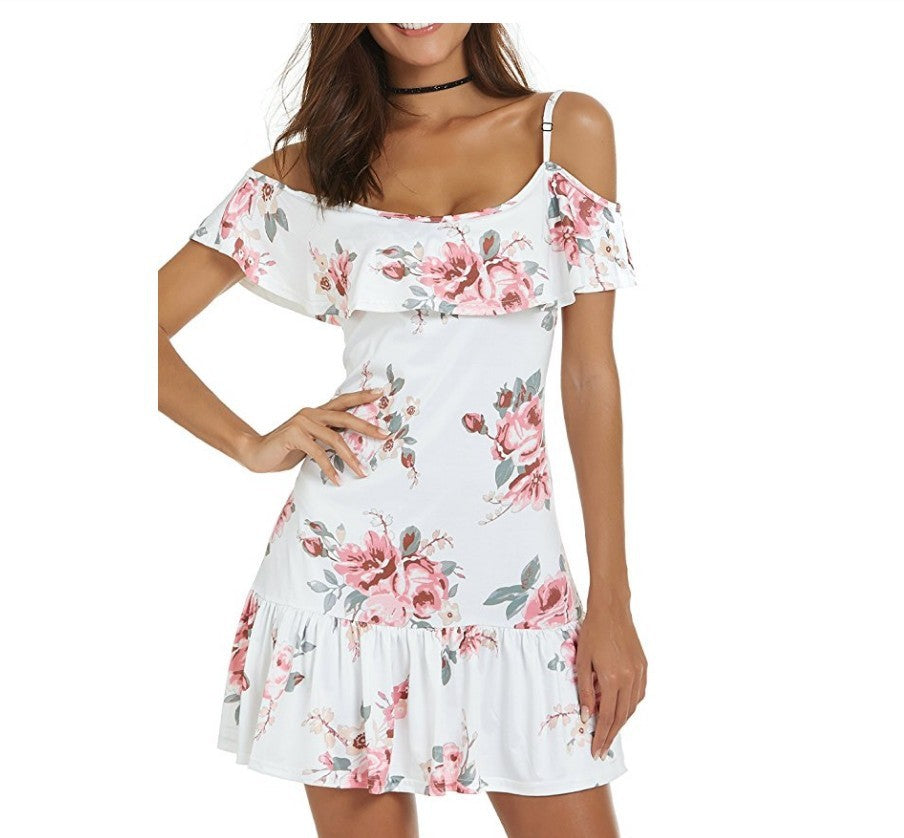 Summer Hot Print Spaghetti-strap Ruffle Pleated Off-shoulder Dress For Women