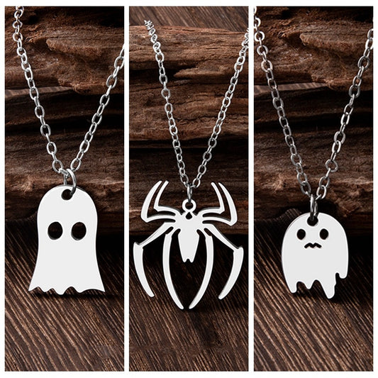 Punk Halloween Stainless Steel Necklace Gothic Ghost Spider Pendant Necklaces For Women Men