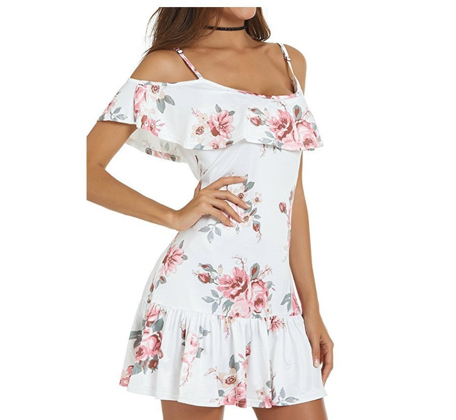 Summer Hot Print Spaghetti-strap Ruffle Pleated Off-shoulder Dress For Women